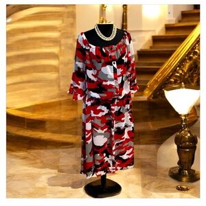 ASHLEY STEWART MAXI DUSTER SIDE SPLITS SIZE 26-28 RED CAMO SHEER W/SLEEV…